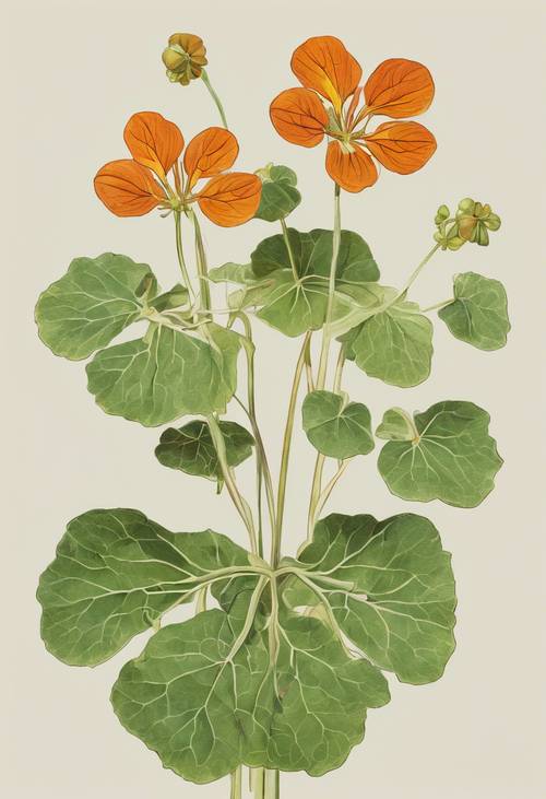A detailed botanical illustration of a nasturtium plant, showing its flowers and leaves.