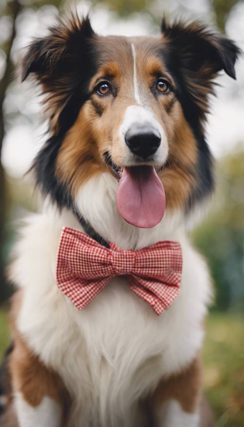 A young collie dog with a preppy look wearing a yellow checkered shirt and a red bow tie.