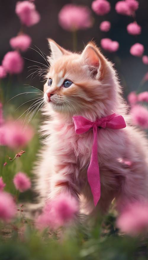 Un adorable gatito de color rosa intenso que se persigue juguetonamente la cola.