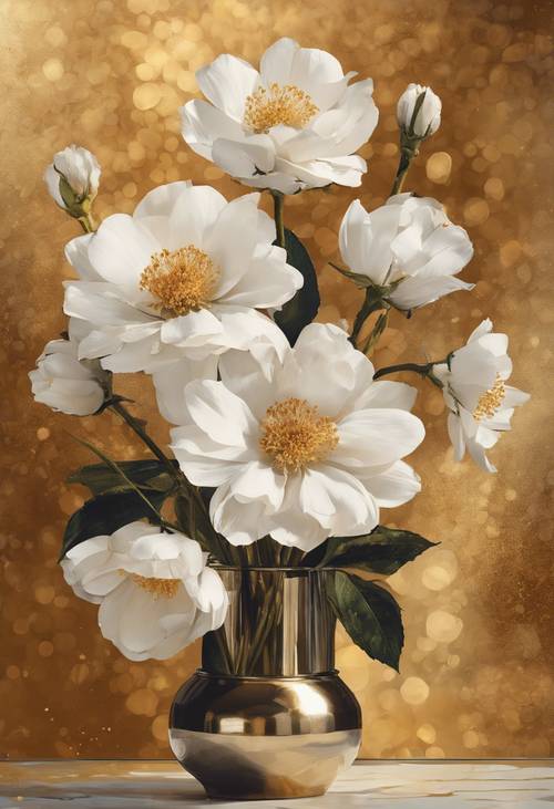 Une nature morte vintage représentant des fleurs blanches vues sur un riche fond doré.