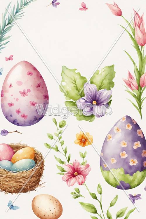 Coloridos huevos de Pascua y flores de primavera