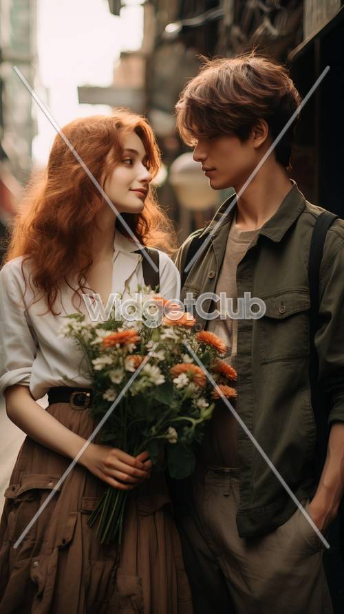 일몰에 꽃과 로맨틱 커플