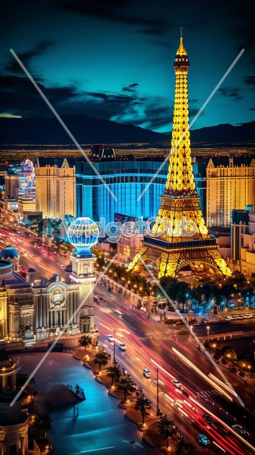 Paryż w Las Vegas: jasny nocny widok na replikę Wieży Eiffla