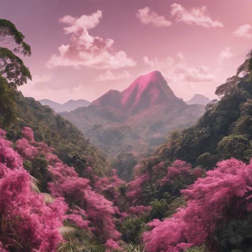 A panoramic view of pink mountain peaks jutting out of a dense rainforest canopy.