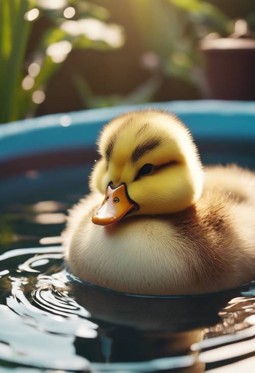 Despliegue una linda escena de un pato kawaii gordito que se relaja tomando un baño fresco en una pequeña piscina.
