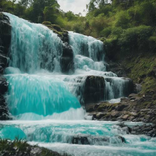 A beautiful waterfall cascading down, causing the water foam to resemble Teal Cow print.
