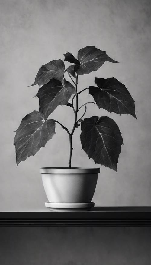 Monochrome digital painting of an ivy plant on a minimalistic black shelf.