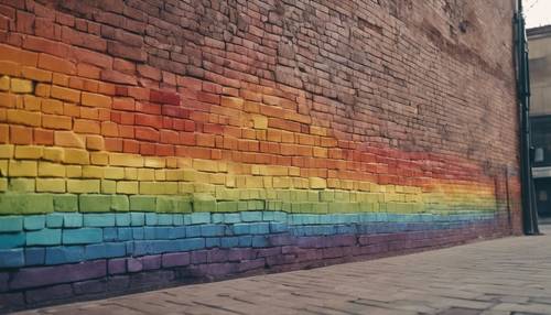 A textured mural of a rainbow painted on a brick wall in a city street.