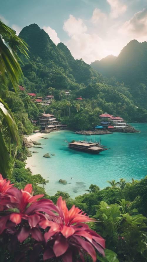 Uma ilha tropical vibrante com uma movimentada cidade litorânea, cercada por densa floresta tropical e montanhas imponentes.