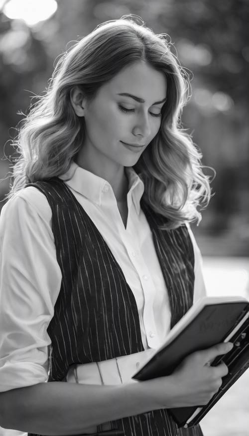 A black and white preppy style woman holding a notebook in a campus setting. Tapeta [d945ba6e26f04b829f81]
