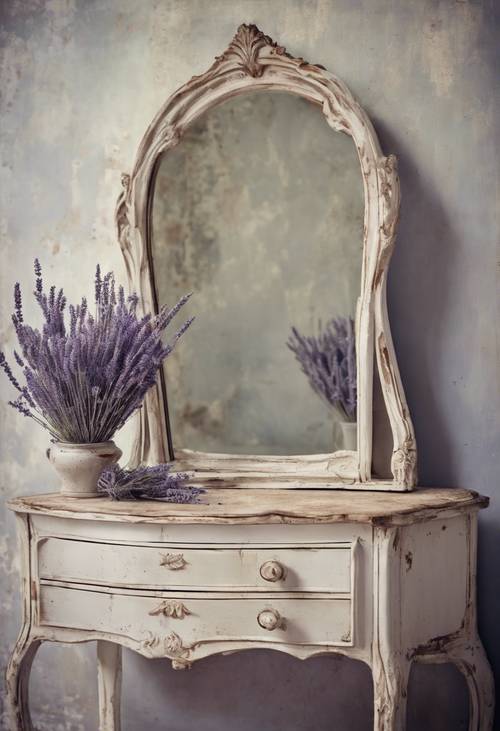 An antique dresser with a vintage mirror, styled in shabby chic manner and decorated with dried lavender.