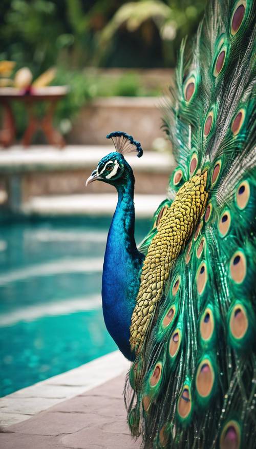 A young peacock ravishing its rich, emerald-green and deep blue plumage standing near a turquoise pool.