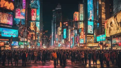 Eine dynamische Stadtlandschaft mit neonbeleuchteten Werbetafeln, Verkehr zur Hauptverkehrszeit und einer lebhaften Menschenmenge an einem geschäftigen Freitagabend.
