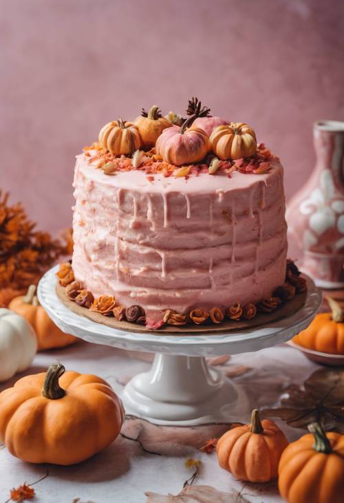 Ein Thanksgiving-Karottenkuchen mit rosa Frischkäse-Zuckerguss, serviert mit kunstvollen Dekorationen.