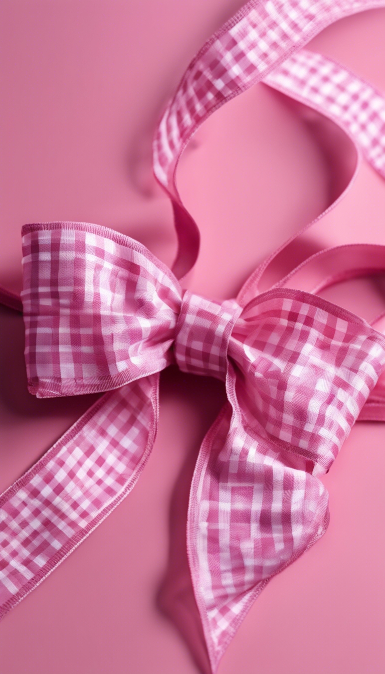 Close-up of a pink checkered ribbon tied in an elegant bow. Divar kağızı[7bbcb722d3974cc28b42]