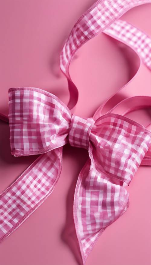 Zbliżenie na różową wstążkę w kratkę zawiązaną w elegancką kokardkę.