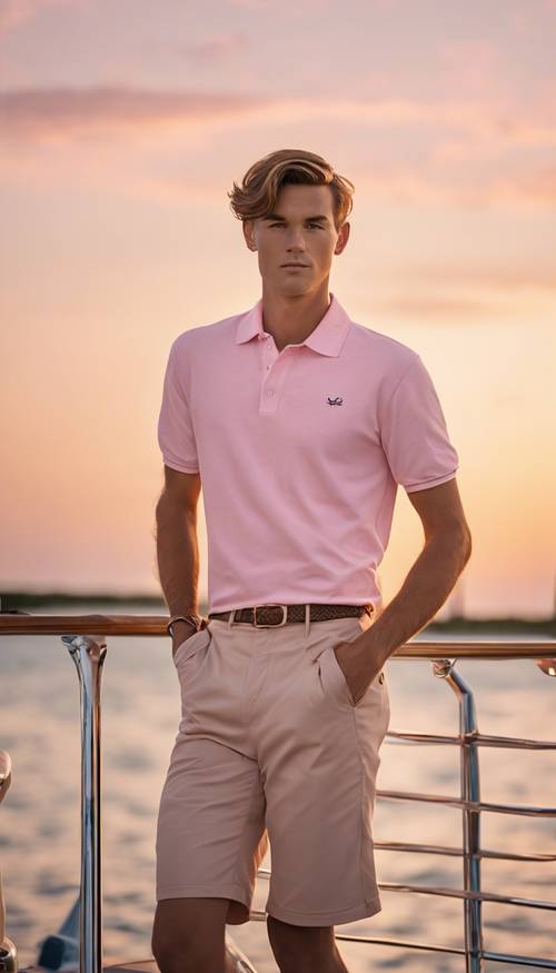 Seorang pemuda rapi dengan kemeja polo merah muda pastel, celana pendek Bermuda khaki, bersantai di dek kapal pesiar dengan latar belakang matahari terbenam.