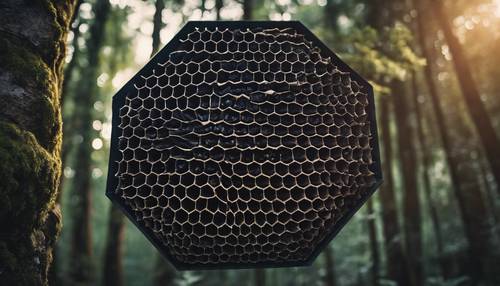 An intricate black honeycomb in a dense forest.