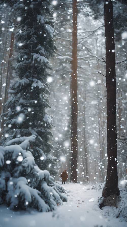 غابة ساحرة أثناء تساقط الثلوج الهادئ، مع نفثات من الثلج تستقر على أشجار الصنوبر الشاهقة والمخلوقات الأسطورية تمرح حولها.