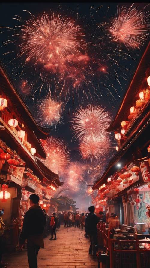 A lively scene of Chinese New Year celebration with fireworks lighting up the night sky.