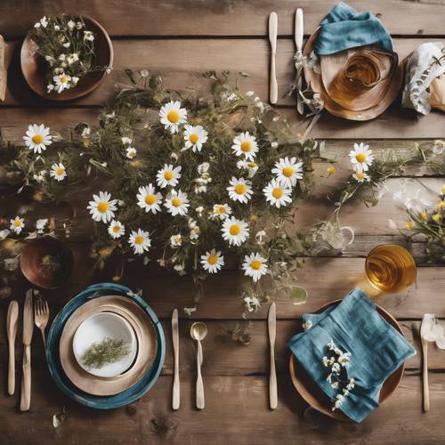 A top view of a boho dining setup showing a rustic wooden table adorned with a line of daisies.