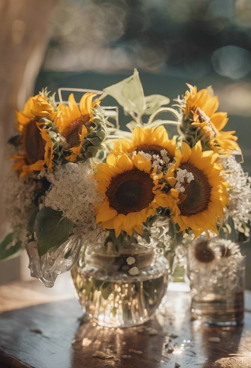 An elegantly arranged bouquet of sunflowers in a crystal vase.
