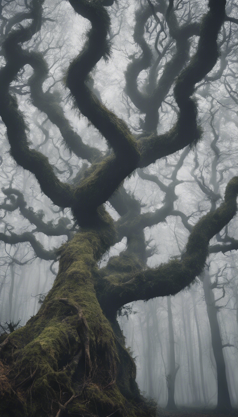 A foggy forest under an overcast grey sky, the trees gnarled and twisted like tortured souls. Tapeta[4661703bb48145adb29f]