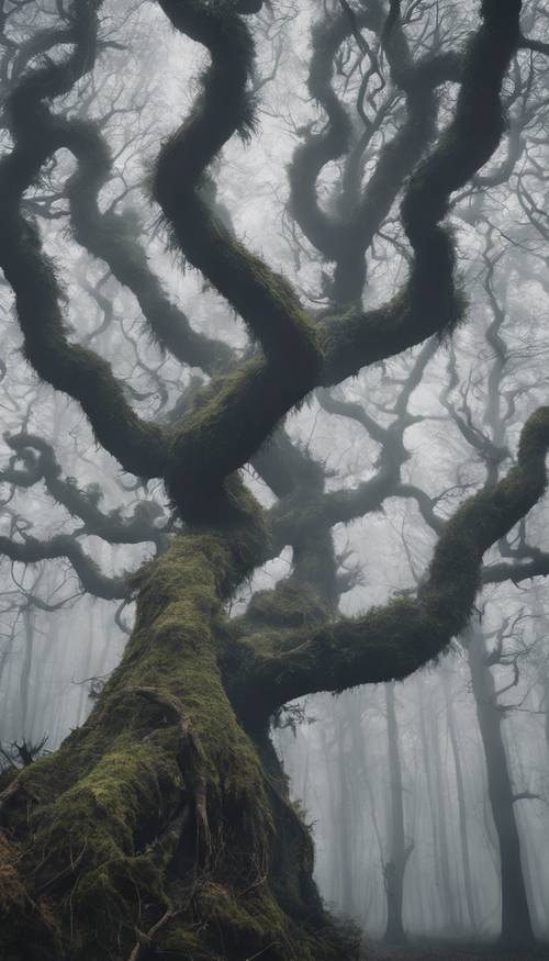 A foggy forest under an overcast grey sky, the trees gnarled and twisted like tortured souls.