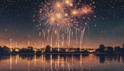 Ein festliches Feuerwerk erhellt den klaren Sommernachtshimmel und spiegelt sich im ruhigen Wasser darunter. Hintergrund [4d92f3c24284433fa5b7]