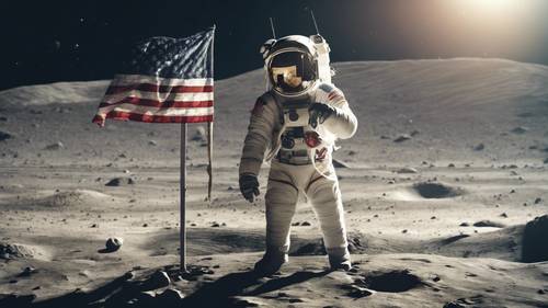 Um astronauta fincando uma bandeira na superfície desolada da Lua, refletindo no planeta Terra à distância cósmica.