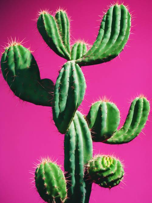 Изображение ярко-зеленого кактуса на фоне ярко-розовой стены в стиле поп-арт.