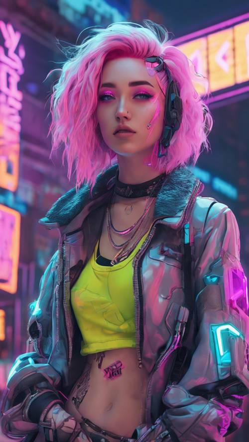Seorang gadis cyberpunk pastel dengan rambut berwarna cerah, berdiri di depan lampu neon.