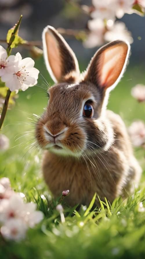 Ein kleines braunes Kaninchen knabbert an frischem grünen Gras, um das herum Kirschblüten herabflattern.