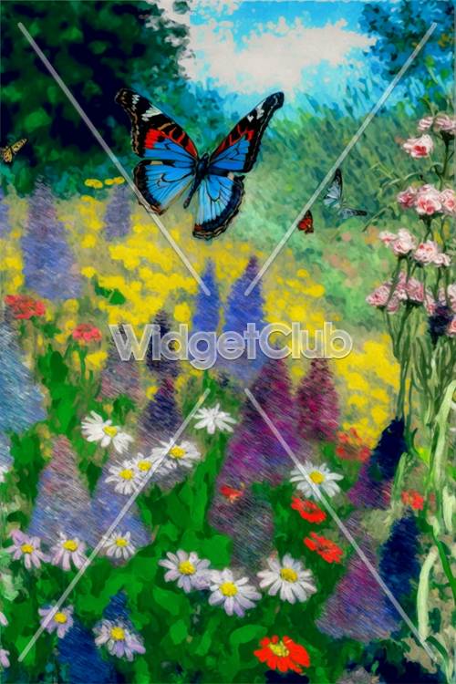 Kolorowy ogród z motylami i kwiatami w tle