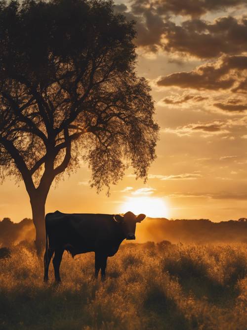 Una mucca nera con una stampa drammatica, immersa nella luce dorata del tramonto, che si staglia contro il sole al tramonto.