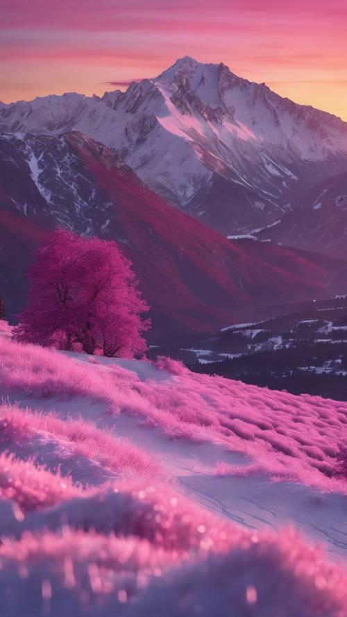 눈 덮인 고요한 산맥 위로 고요한 자홍색 일몰이 빛나고 있습니다.