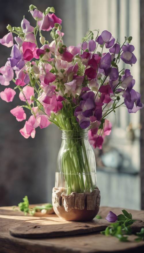 Una mesa rústica de madera adornada con un ramo de flores de guisantes de olor recién cortadas en un jarrón de cerámica.