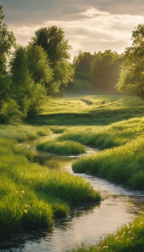 A tranquil landscape of a bubbling brook going through a lush green meadow during the spring sunrise.