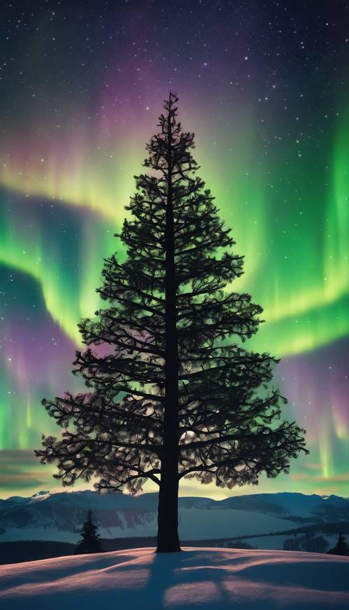 La sagoma di un albero di Natale su una collina sotto l&#39;incantevole vista dell&#39;aurora boreale. Sfondo [7f697e9505444b849ae5]