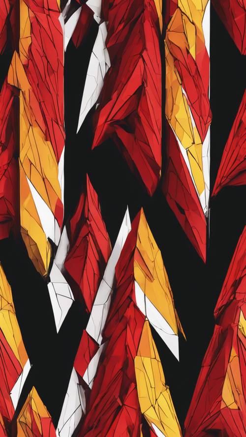A seamless pattern of vibrant, shard-like structures in red and yellow, emerging from a matte black background.