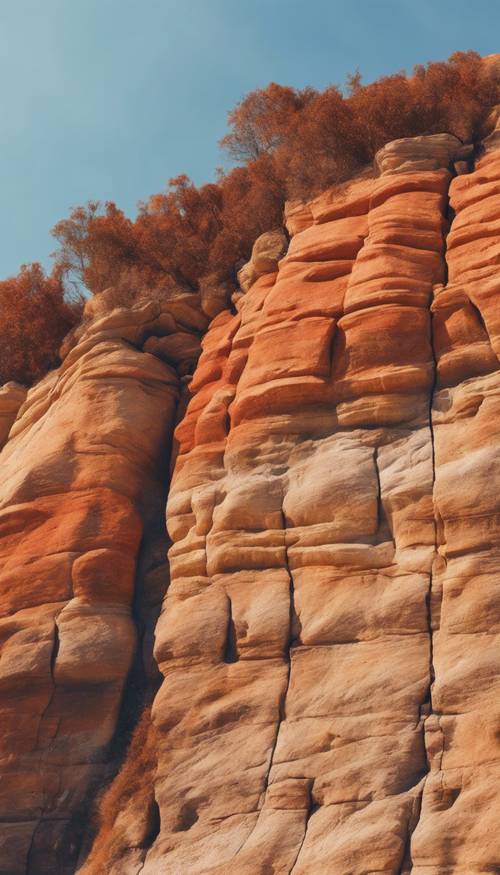 หน้าผาหินทรายที่สวยงามมีเฉดสีส้มและแดงหลากหลายเฉดตัดกับท้องฟ้าสีฟ้าใส