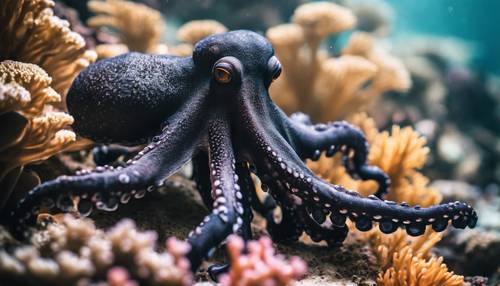 Элегантный черный осьминог с золотыми глазами отдыхает на вершине кораллового рифа. Обои [81287a589e964383a36d]