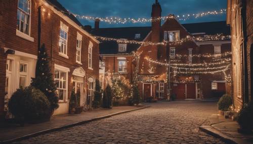 A picturesque small town getting ready for Christmas, strewn with fairy lights, wreaths, and garlands against a backdrop of quaint redbrick houses.