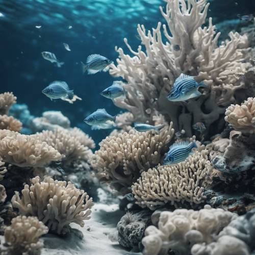 Marine life under the sea, full of vibrant blue and grey-toned fish swimming around bleached white corals.