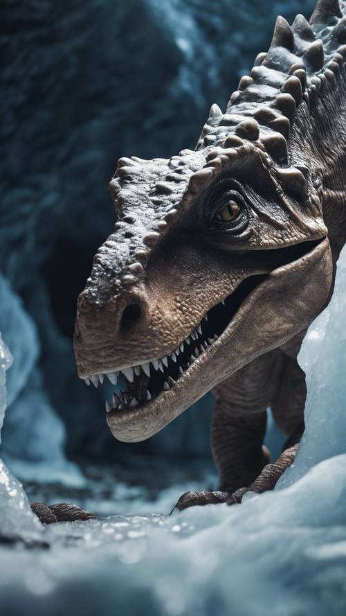 Un dinosauro davvero fantastico che si rilassa in una grotta di ghiaccio.