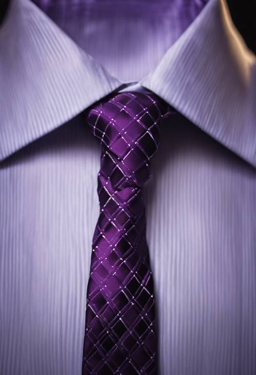 Elegancki fioletowy krawat w kratkę pasujący do czarnego garnituru.