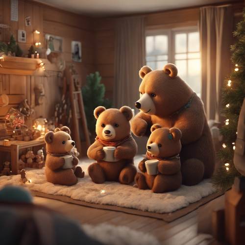 Семья мультяшных медведей готовится к Новому году и украшает свою уютную берлогу.
