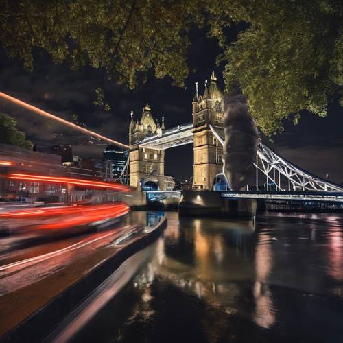 Tętniąca życiem, świecąca nocna scena kultowego londyńskiego mostu Tower Bridge.