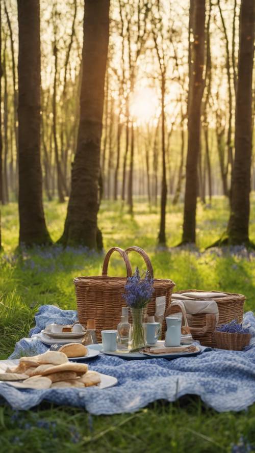 A picnic setup in a green lush forest with a carpet of bluebells under a golden spring sunset.