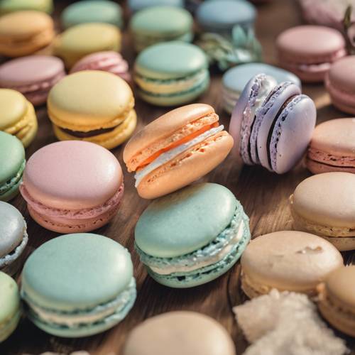 An array of pastel macarons on a vintage wooden table in a sunny French bakery.